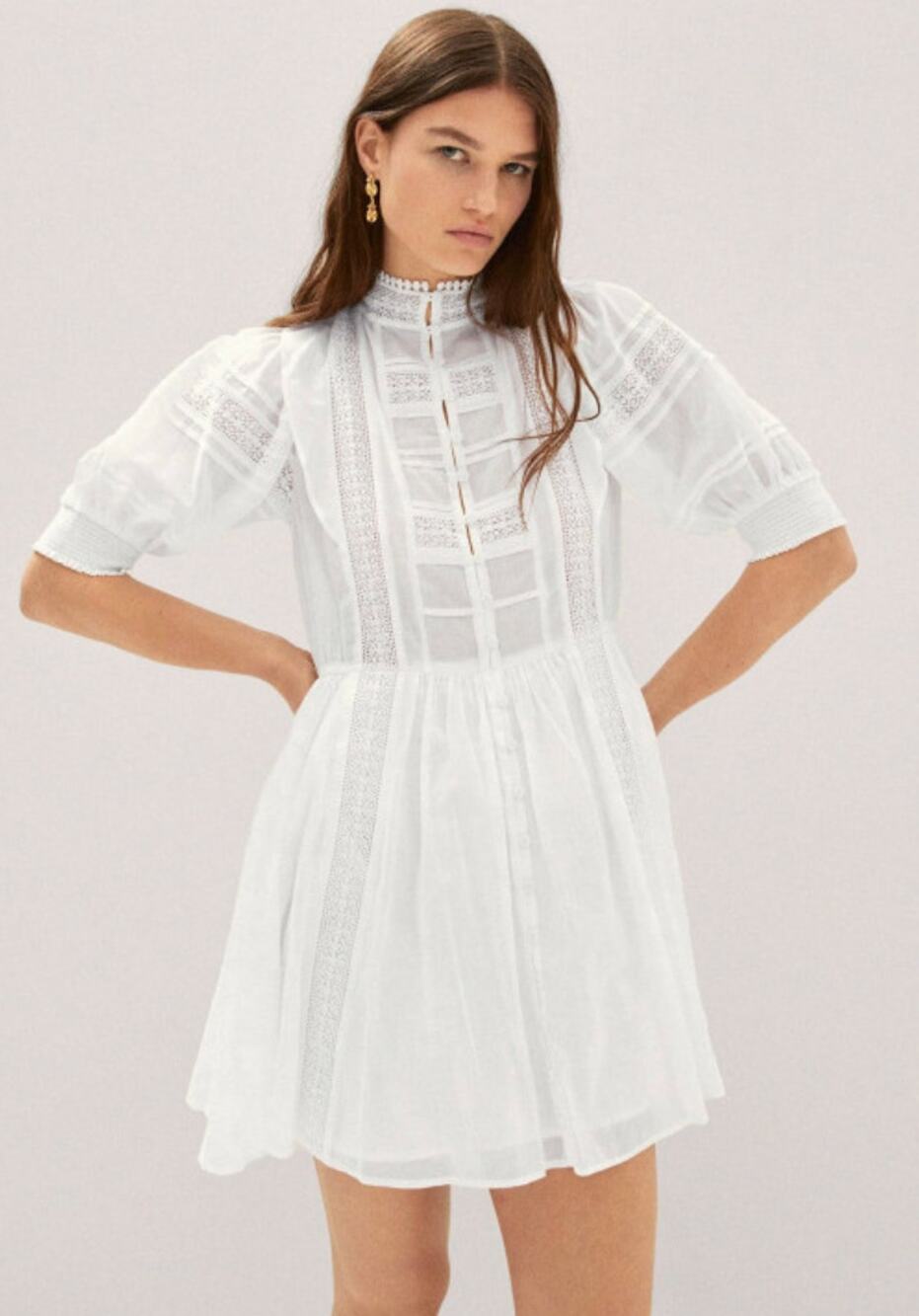 MANGO White Puff Sleeves Pure Cotton Embroidered A-Line Mini Dress Small